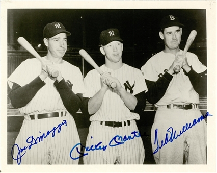 New York Yankees Hall of Famers Trio Signed 8x10 B&W Photograph - DiMaggio, Mantle and Williams (JSA)